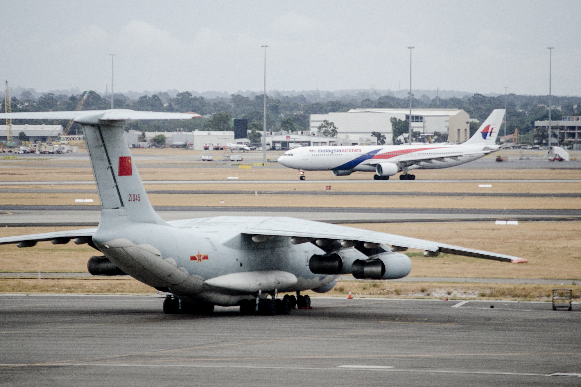 IL-76 21045 from the Chinese Military parked on the field during the initial hunt for MH370 in March 2014